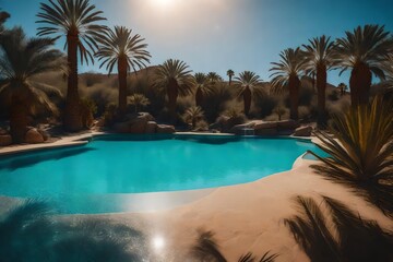 A serene haven in the desert including a sparkling blue pool and palm trees.