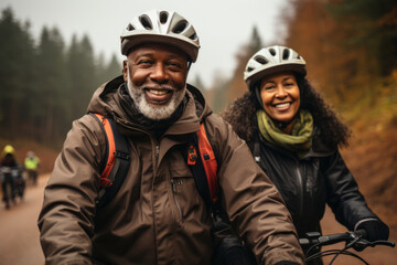 Fototapeta premium Elderly smiling couple in safety helmets riding bicycles together to stay fit and healthy. African American seniors having fun on a bike ride in autumn park. Retired people lead active lifestyle.