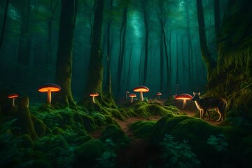 A mysterious forest including luminous mushrooms and talking animals.