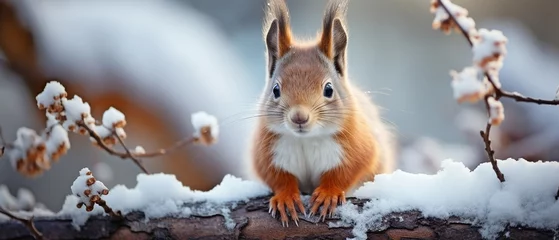  Adorable red squirrel in a cold winter forest setting. Concept of cards for Christmas and New Year. © tongpatong