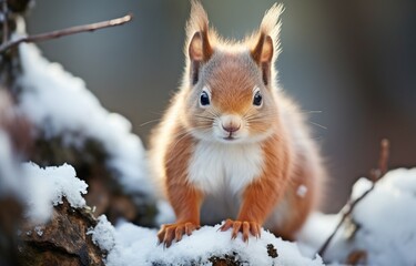 Adorable red squirrel in a cold winter forest setting. Concept of cards for Christmas and New Year. - obrazy, fototapety, plakaty