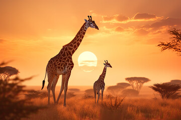 Fototapeta na wymiar Mother and baby giraffes walking together through the savana at sunset