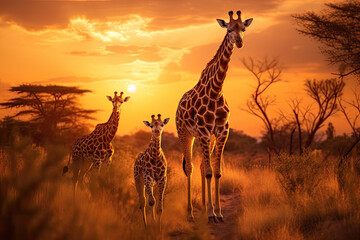 Mother and baby giraffes walking together through the savana at sunset