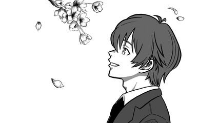 桜を見る男子生徒の横顔・桜の花（モノクロ）