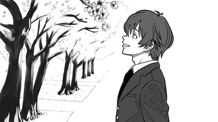 桜を見る男子生徒の横顔・桜並木（モノクロ）