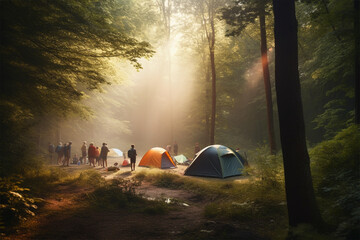 people camp in the middle of a lush forest