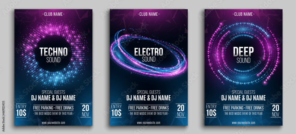 Poster set of flyers for your club party. abstract design for your musical event. digital circles of flicke