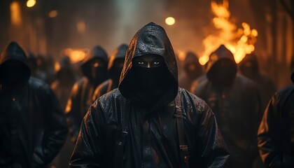 men who are masked criminals and part of the mafia. with fire in the background, created by ai - obrazy, fototapety, plakaty