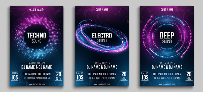 Set of flyers for your club party. Abstract design for your musical event. Digital circles of flickering particles with light effect of neon swirling lines. Vector illustration.