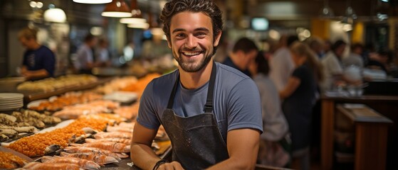 Positive young salesperson in a fish store, showcasing his solo behind the counter with a wide selection .