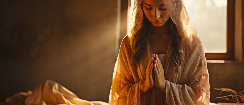 praying woman with a cross in her hand as she fervently invokes God. Idea of faith, hope, and religion.