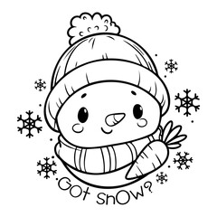 Snowman face coloring page for kids. Vector illustration. 