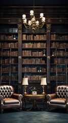 Luxury library interior with bookshelves, coffee table, leather armchairs and vintage bookcase.