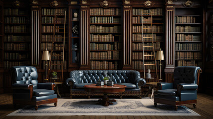 Luxury library interior with bookshelves, coffee table, leather armchairs and vintage bookcase.