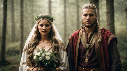 Vikings, bride and groom, in traditional outfits, stand in the forest. - obrazy, fototapety, plakaty