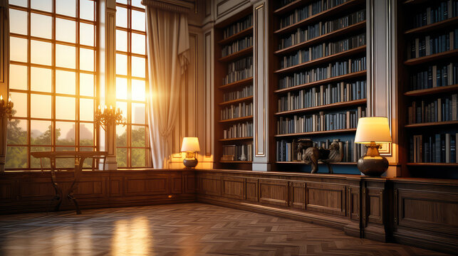 Luxury library interior with bookshelves, coffee table, leather armchairs and vintage bookcase at sunset