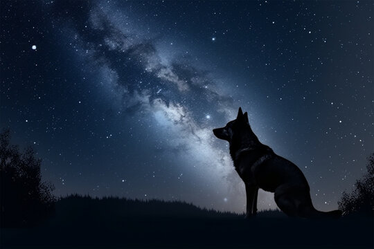 the night sky is full of stars, moon and a beautiful wolf