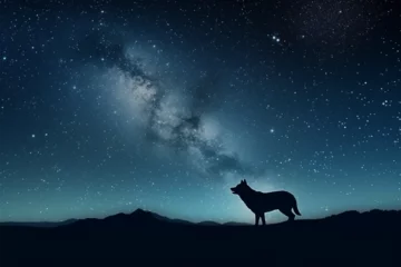 Fototapeten the night sky is full of stars, moon and a beautiful wolf © Julaini