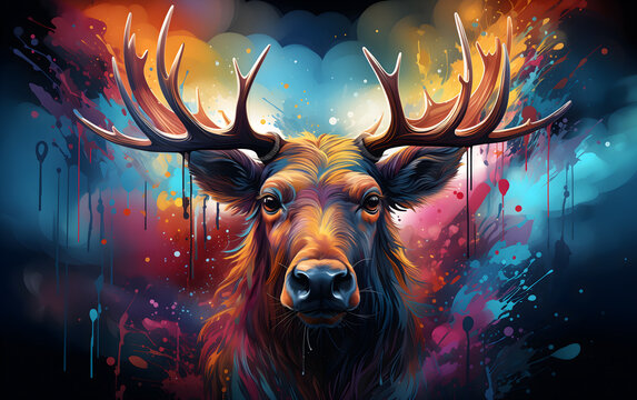 Illustration of an image of a colorful moose, in the style of ink splattered and dripped. 