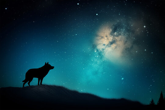 the night sky is full of stars, moon and a beautiful wolf