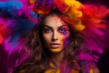 Obraz na płótnie Canvas Enchanting Beauty Amidst a Burst of Colorful Gulal, a stunning caucasian female model on mesmerizing display of colourful powder thrown in surrounding