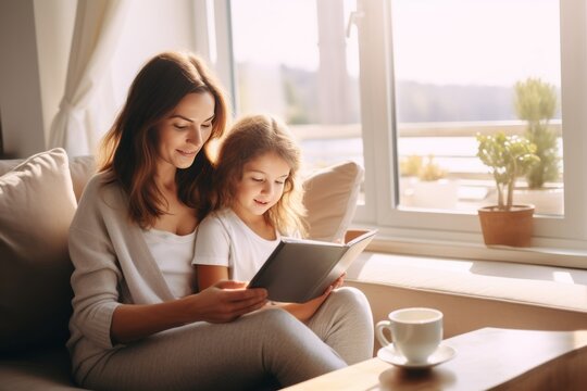 parent child boding time: happy mother and daughter sitting on a couch and watching or reading something on a tablet together, warm cozy atmosphere indoors