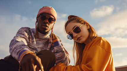 couple of young generation z people, an African American guy and a Caucasian girl dressed in youth clothes and sunglasses posing on the street with a lot of sky in the background. ai - obrazy, fototapety, plakaty