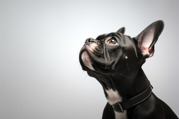 French bulldog puppy looking up on gray background