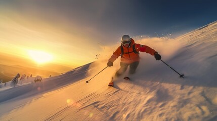 Skier on the top of mountain made with Ai generative technology, Person is fictional