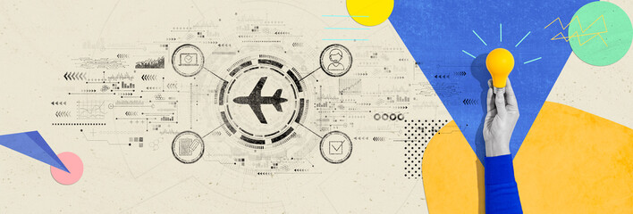 Flight ticket booking concept with person holding a yellow light bulb