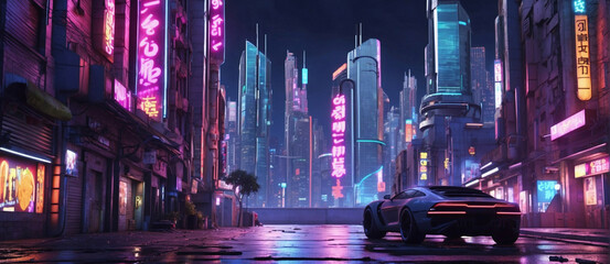 Wide angle panorama of a Cyberpunk city Neon-lit Street at night. Huge neon skyscrapers. Futuristic city in the style of cyberpunk. Beautiful night cityscape.