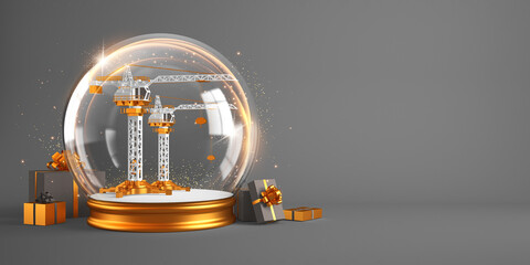 A snow globe with miniature cranes inside. Christmas and New Year 3d render illustration.