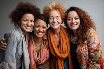 Fototapeta premium Half-length portrait of four cheerful senior diverse multiethnic women. Female friends smiling at camera while posing together. Diversity, beauty, friendship concept. Isolated over grey background.