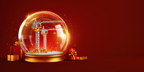 A snow globe with miniature cranes inside. Christmas and New Year 3d render illustration.