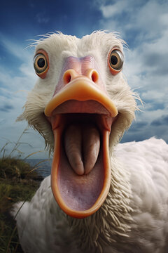 dishevelled silly goose face with open beak expression close up photo