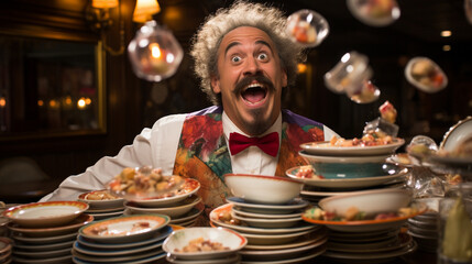A chef attempting a plate-spinning act with actual dinner plates, wearing a hilarious expression as they maintain the delicate culinary balance