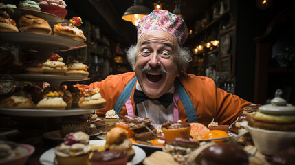 A chef decked out in wild, mismatched culinary attire, adding humor and chaos to their culinary creations in a quirky kitchen setting