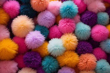 assorted pom poms made from colorful wool in different sizes, craft background texture - obrazy, fototapety, plakaty