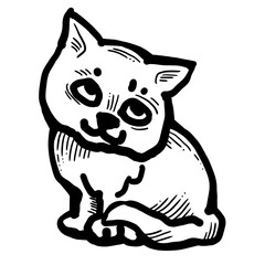 Cat cute, sweet with funny face. Lovely fluffy kitten best friend with big eyes. Home pet for baby, kids, boy or girl and family. Hand drown character. Cute lovely cartoon illustration drawn by hand.