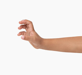 Closeup of a child's hand with catch vertical gesture against a white background