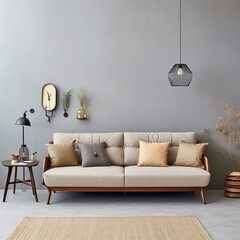 a Scandinavian-style sofa. the color of the sofa is beige and brown combination. size width 220 cm...