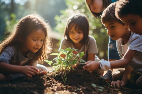 Beautiful little multi-ethnic children bend over a tiny green sprout in the garden. Adorable enfants with different skin colors plant a plant in the ground together. Diversity and free communication.
