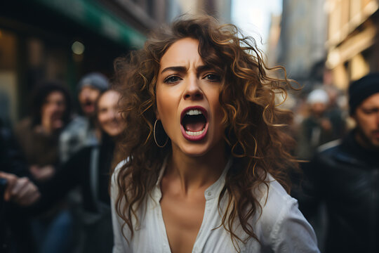 woman in street, angery, mouth open