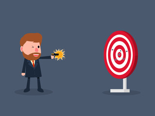 Successful businessman using a gun to shoot at a target. The concept of having goals in life or business goals. Vector illustration.