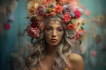 Obraz premium Stunning model wearing a creative hat with mesmerising display of flowers portrait on isolated background