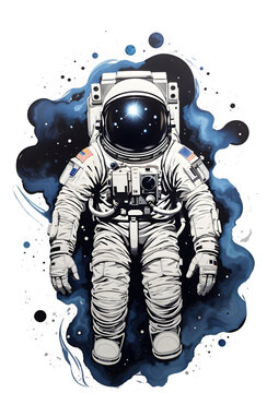 solitary astronaut floating inky  blackness of space on transparent background