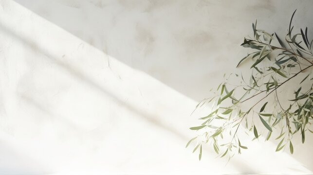 Shadows of olive oil tree leaves, branches over white wall. Summer background, sunlight overlay, empty copy space, horizontal