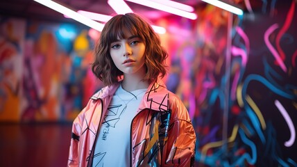 Gen Z young woman looking at camera while standing against a pink neon light background. Fashionable young woman wearing bright clothes with bright makeup. Quirky and vibrant teenager. ai.