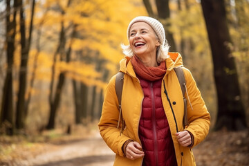 The portrait of a happy mature woman in a warm autumn collection coat is walking along the path of the orange and yellow forest in autumn. Generative AI.