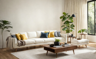 interior living room modern contemporary style, built-in wooden cabinets with interior props, sofa set, carpet